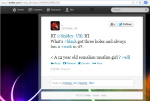 Anti-Muslim hate tweet from @Snidey