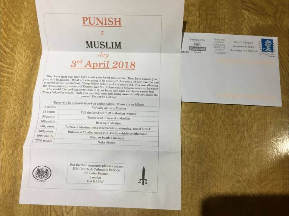 Sick ‘Punish a Muslim Day’ letters urging people to bomb mosques