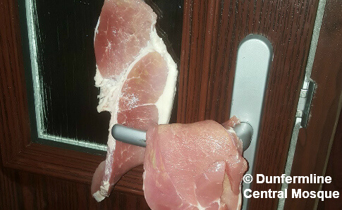 Bacon strips left on door handle of Dunfermline Central Mosque