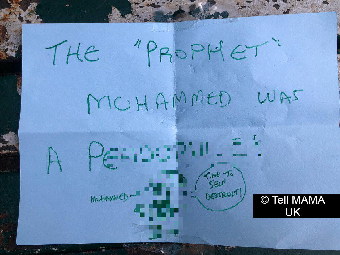 Anti-Muslim note about the prophet Muhammad taped to park bench